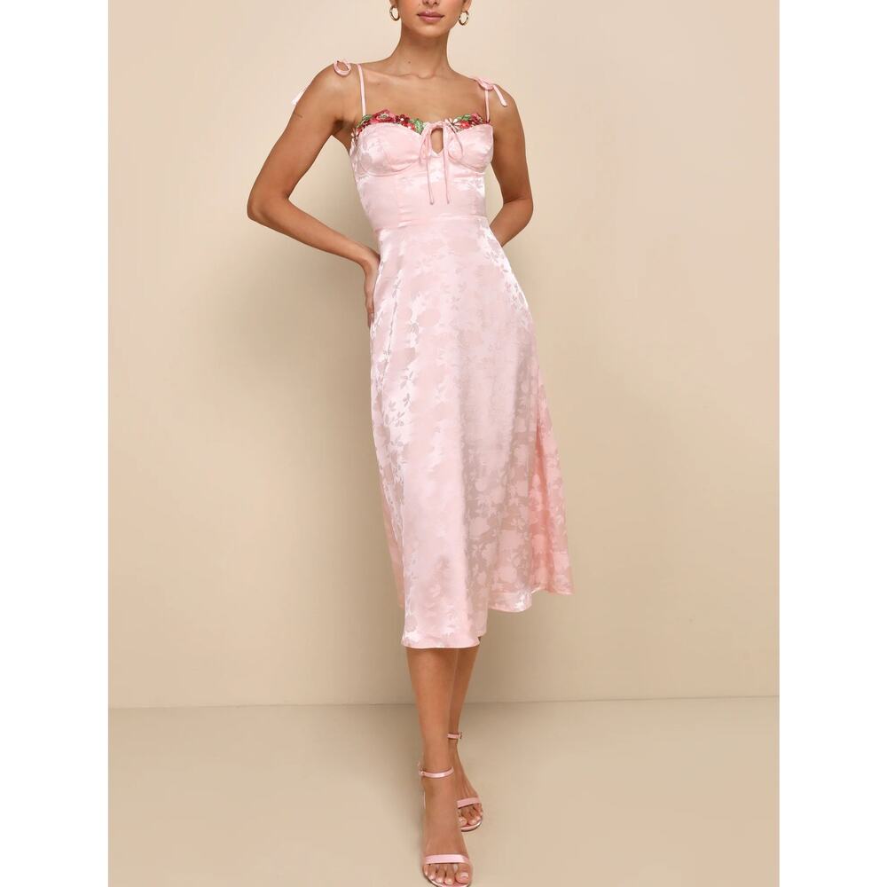 Lulus Pink Satin Floral Midi Dress Embroidered Large NWT Wedding Y2K Fairy